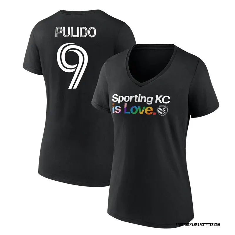 Women's Sporting Kansas City ＃9 Alan Pulido Black Name & Number City Pride V-Neck T-Shirt